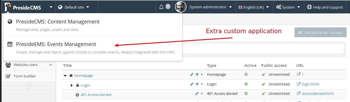 Screenshot showing an example application switcher