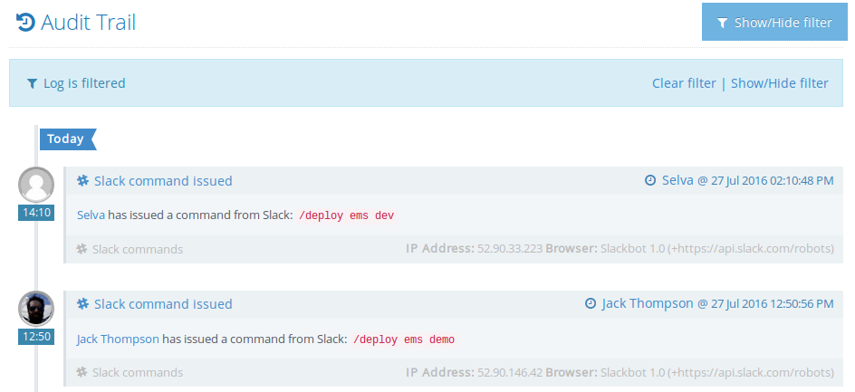 Screenshot showing audit trail in action