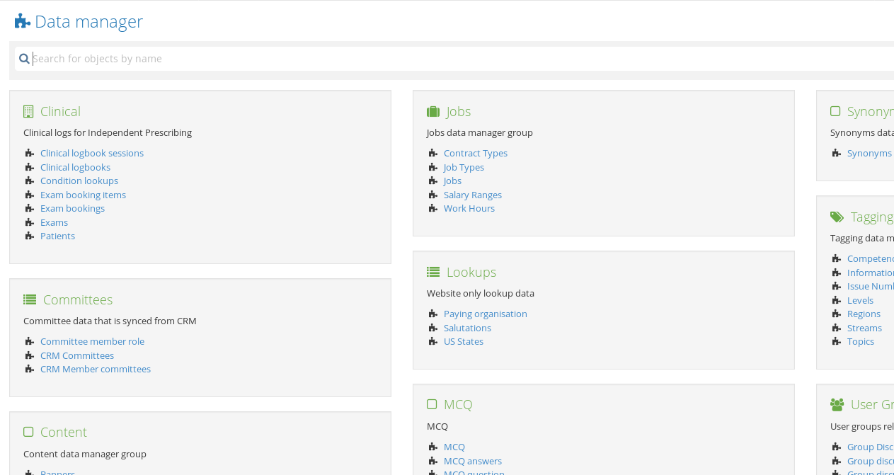 Screenshot showing example of a Data Manager object listing screen