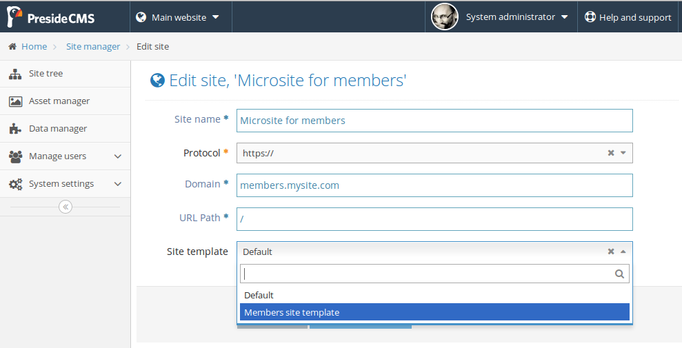 Screenshot of an edit site form where the user can choose which template to apply to the site.