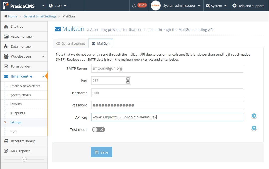 Screenshot showing email service provider configuration