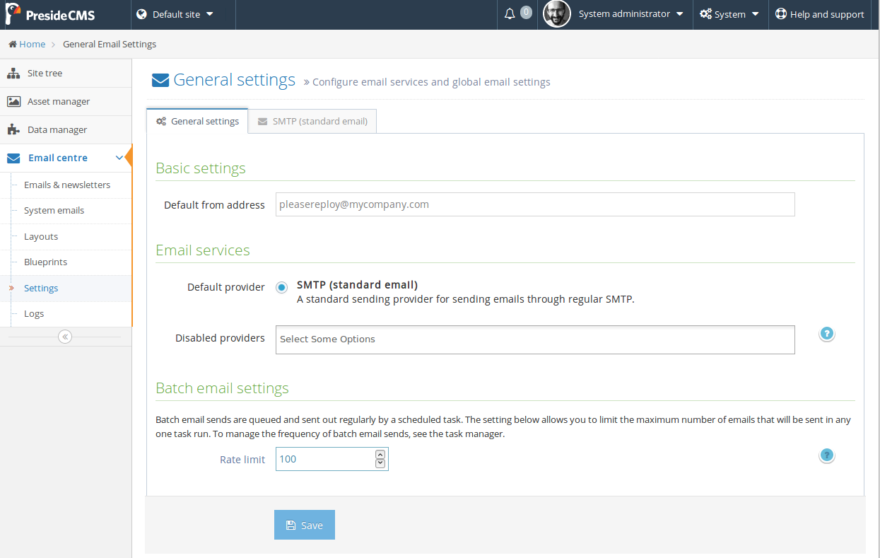 Screenshot showing email centre general settings