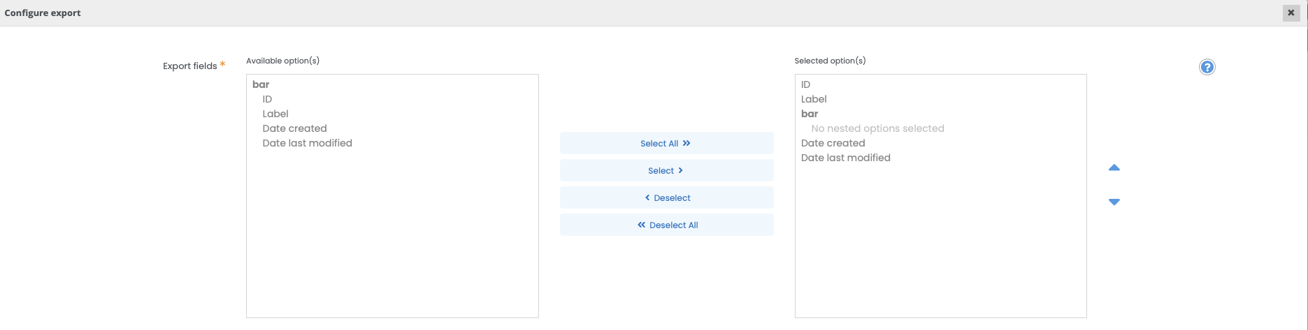 Screenshot showing example of a expanded many-to-one relationship field in export