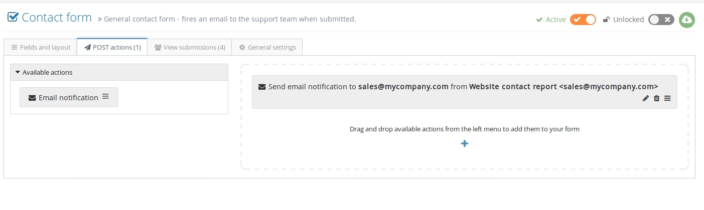 Screenshot showing a form builder actions workbench