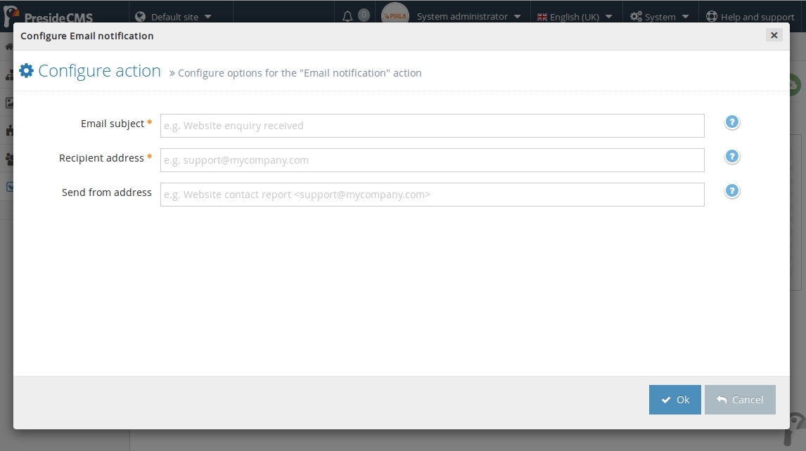 Screenshot showing a configuration of an email action