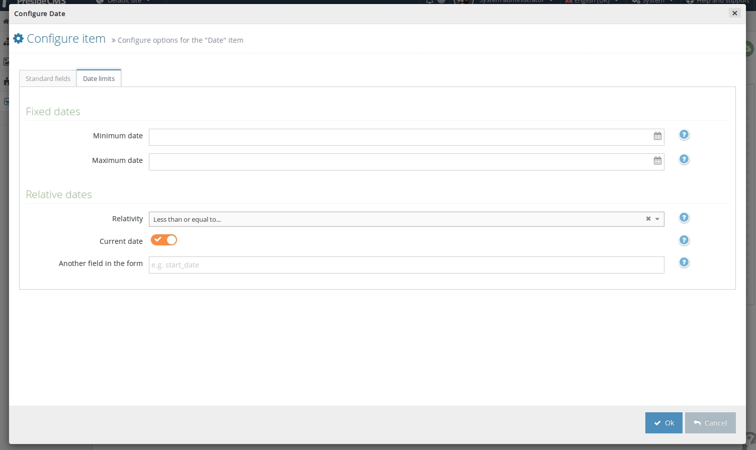 Screenshot showing a configuration of a date picker item