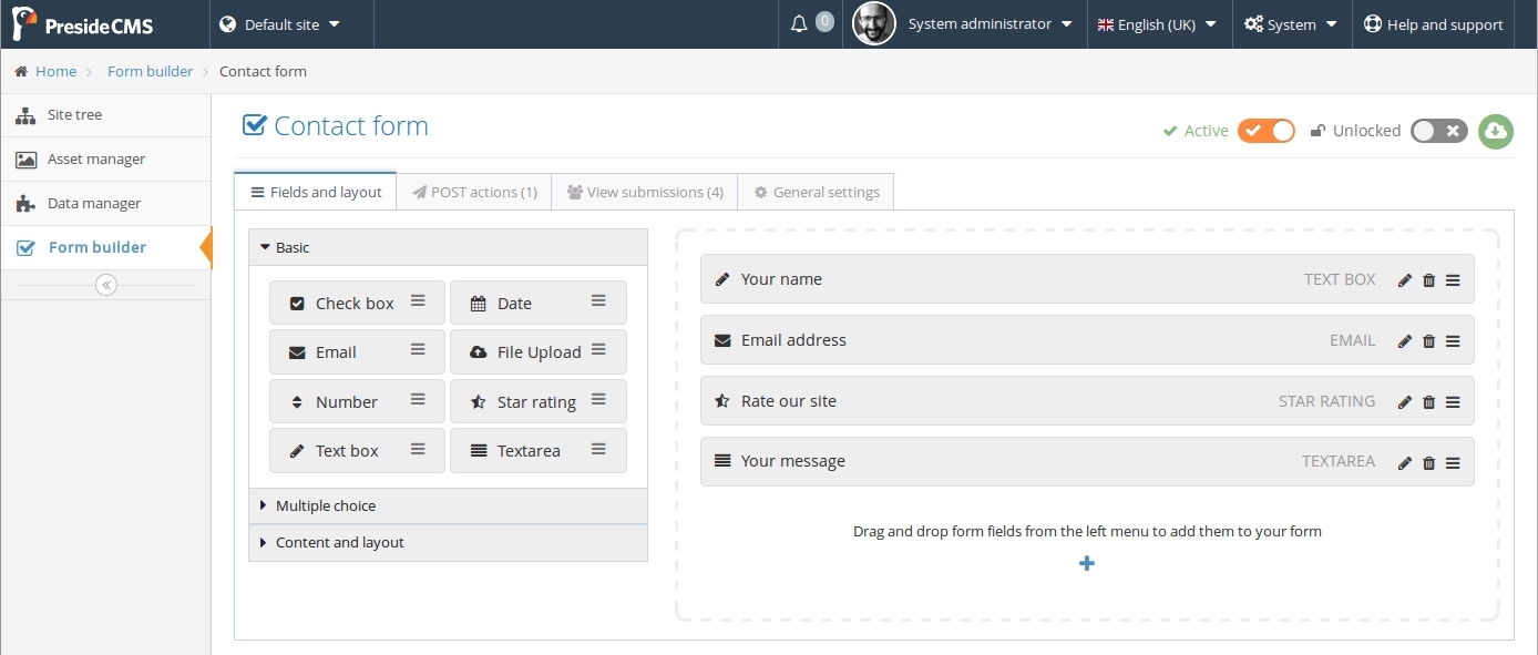 Screenshot showing a form builder form's workbench