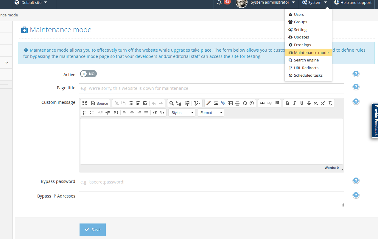 Screenshot of maintenance mode management GUI