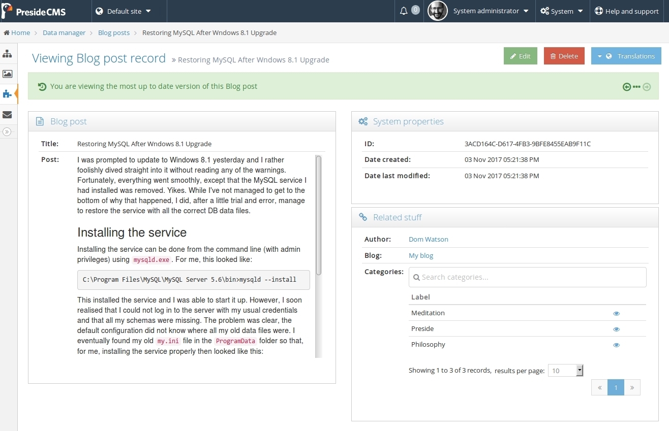 Screenshot showing example data view
