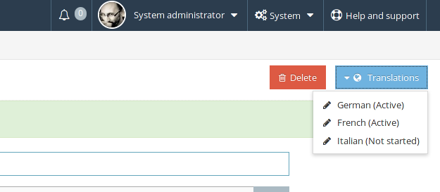 Screenshot showing selection of configured languages