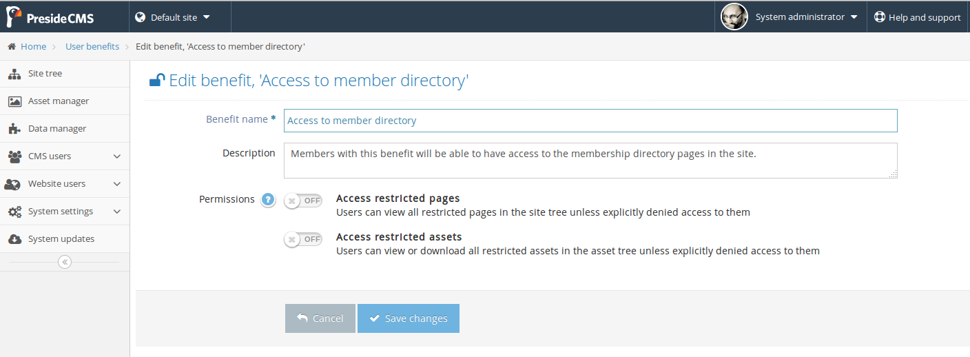 Screenshot of the default edit benefit form. Benefits can have permissions directly applied to them.