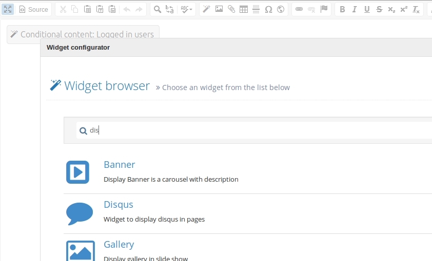 Screenshot showing widget selector